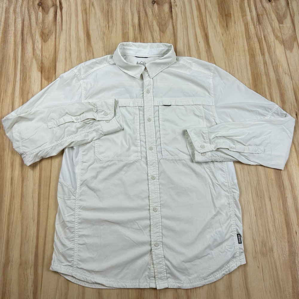 REI Co-op Mens M White Nylon Blend Long Sleeve Button Up Hiking Outdoor Shirt